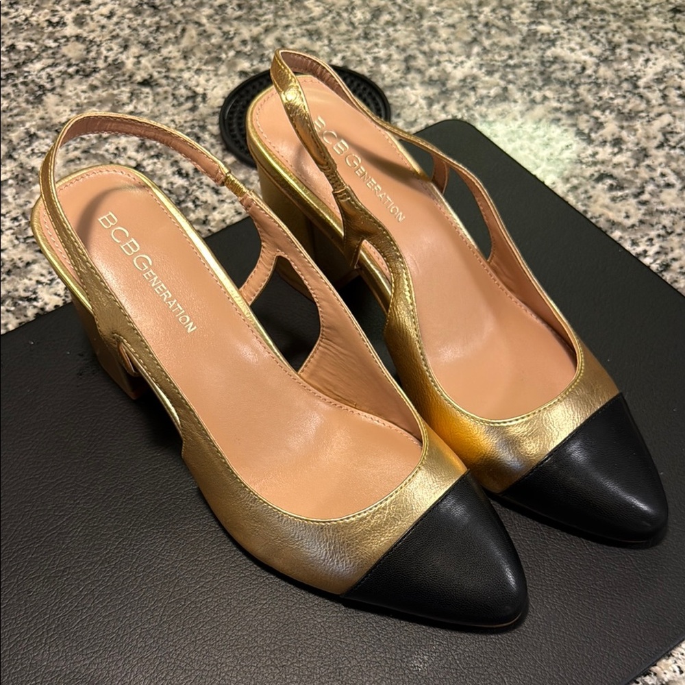 BCBGeneration Gold and Black sling back Heels